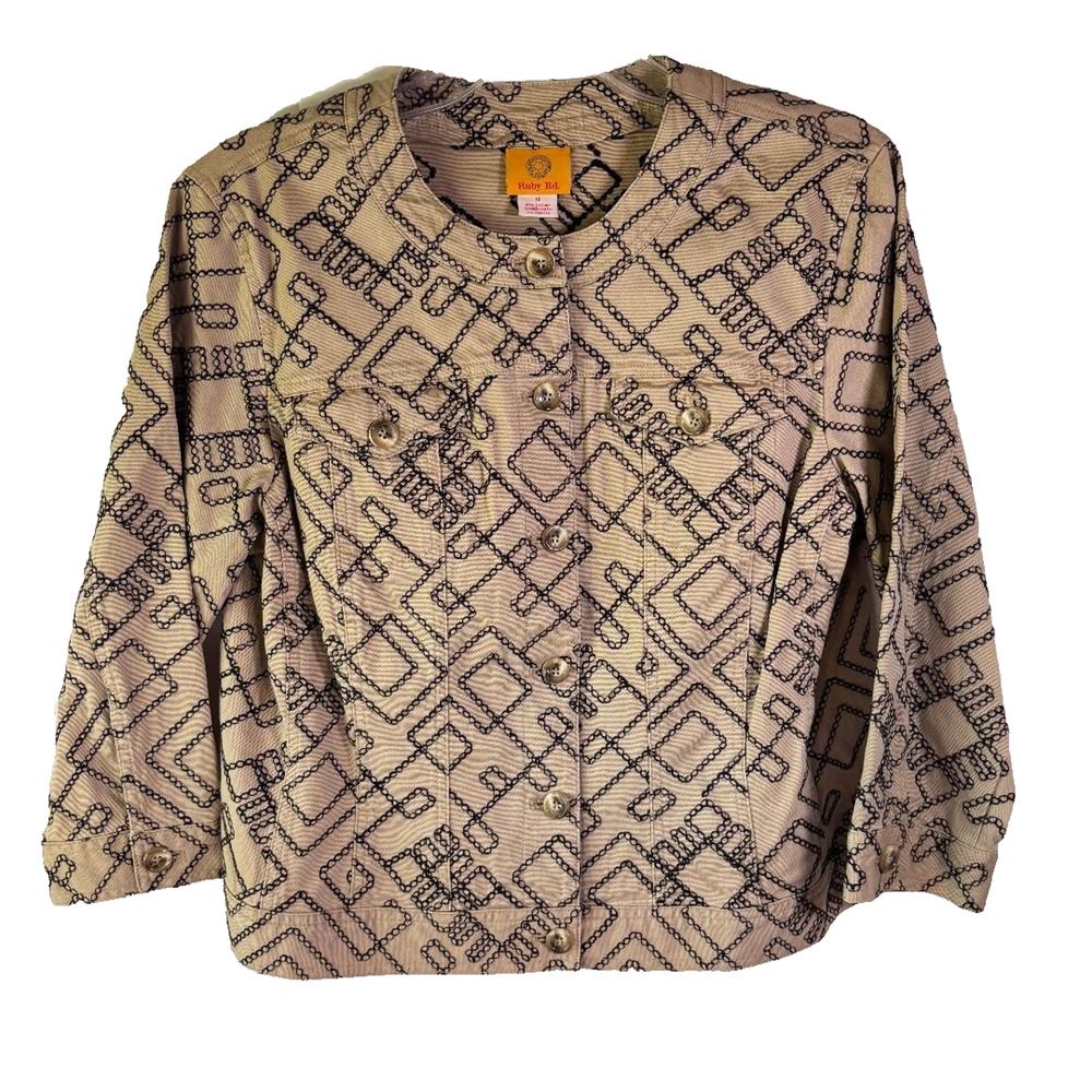 Ruby Rd Short Jacket Women's Size 10 Brown with Black Design‎ Button up Boho